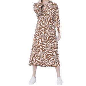 Brian Bailey Brown Cream Zebra Long Sleeve Midi Shirt Dress Size XL bin 4B